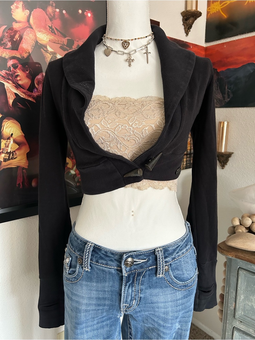 Vintage Y2K Cropped Cardigan Size M Sailor Collar Thumbhole Cuff Indie Sleaze